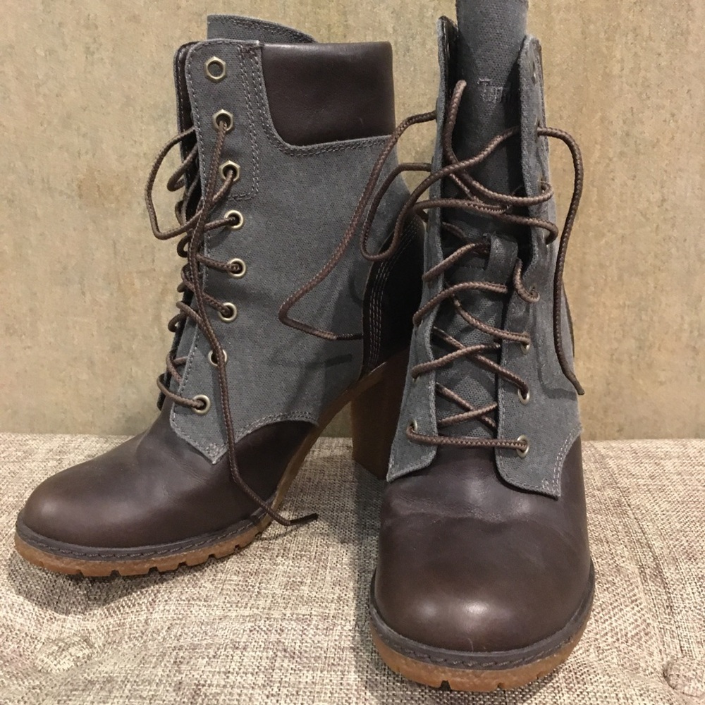 Timberland Brown and Gray Heeled Boots with Chunky Heel - Picture 2 of 5